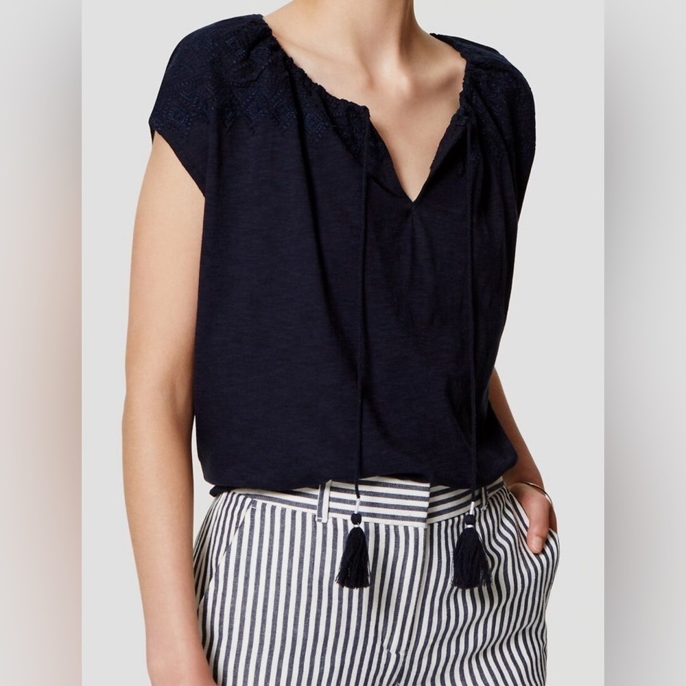 Ann Taylor Lift Embroidered Yoke Tassel top shirt. Navy women’s x-small
